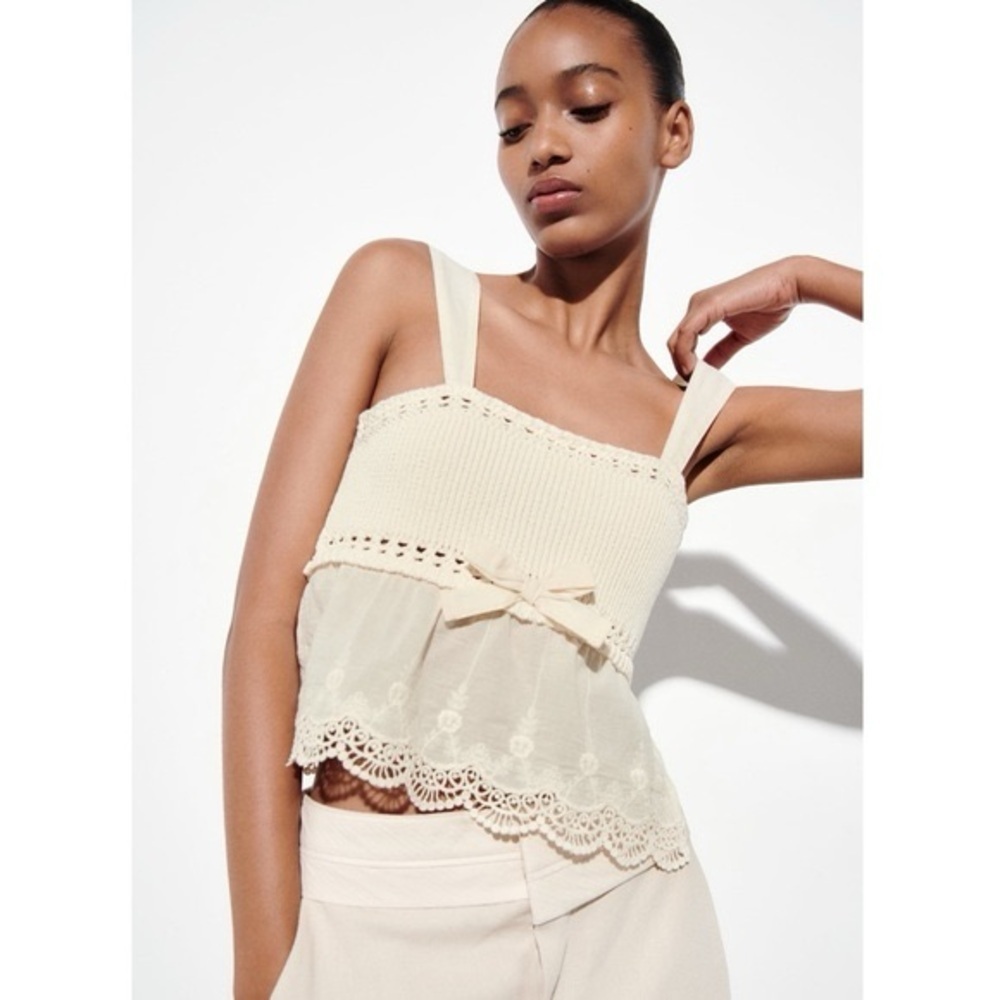 Zara Lace Bow Baby Doll  Cream Top size L chic 90s feminine boho coquette fairy